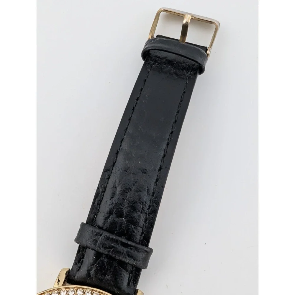 Women's Quartz Watch 38mm Gold Case Crystal Bezel Black Leather Band New Battery